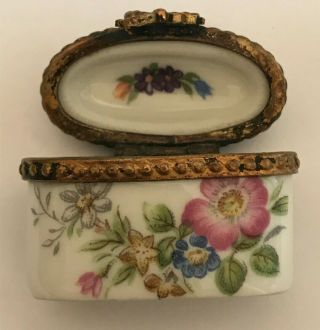 Antique French Porcelain and Brass Limoges Oval Pill Snuff Box Rose Flowers 2