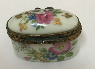Antique French Porcelain and Brass Limoges Oval Pill Snuff Box Rose Flowers 3