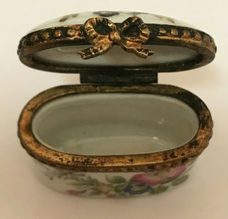 Antique French Porcelain and Brass Limoges Oval Pill Snuff Box Rose Flowers 4
