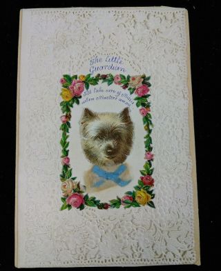 Vtg Valentine Card - Ca.  1890 Very Early Flat Card Intricate Paper Lace Dog