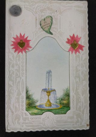 Vtg Valentine Card - Ca.  1860 Rustcraft Single Fold Full Paper Lace Metal Add - Ons