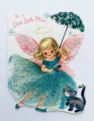 Vintage Hallmark Christmas Card Pretty Angel Girl Glitter Dress Pink Wing Cat