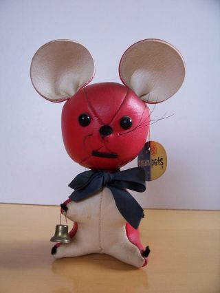 True Vintage 1960`s Dakin Dream Pets Vinyl Christmas Mouse With Bell With Tag.