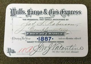 Ex.  Orig Annual Railroad Pass - 1887 Wells,  Fargo & Co 