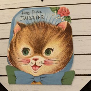 Vintage Greeting Card Easter Rust Craft Cat Kitten Bonnet