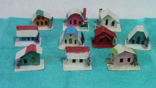 10 Vintage Putz Mini Cardboard Christmas Village Houses - - 1 Red Felt House