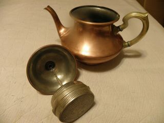 Antique copper tea kettle with infuser marked Landers Frary & Clark 2