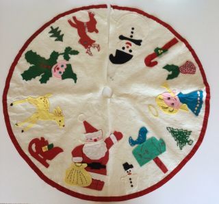 Vintage Handmade Christmas Tree Skirt Santa Angel Snowman Elf Felt Kitsch 35 In