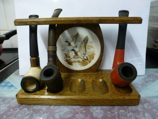 Rare Vintage Oak Pipe Rack With 3 Old Pipes,  Vgc
