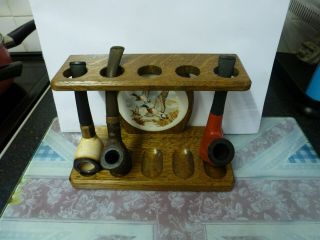 Rare Vintage Oak Pipe Rack with 3 Old Pipes,  VGC 3