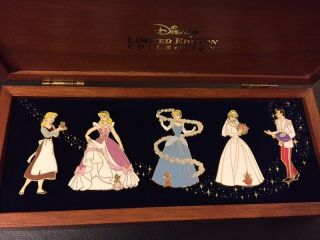 Disney Cinderella Rags Pink Blue Gown Bride Mice Prince Wooden Boxed Pin Set