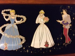 Disney Cinderella Rags Pink Blue Gown Bride Mice Prince Wooden Boxed Pin Set 2