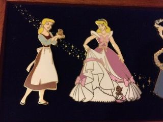 Disney Cinderella Rags Pink Blue Gown Bride Mice Prince Wooden Boxed Pin Set 3