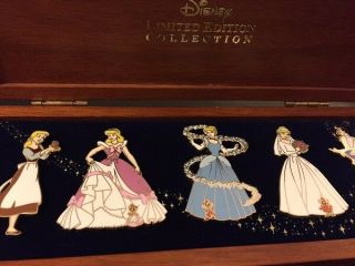 Disney Cinderella Rags Pink Blue Gown Bride Mice Prince Wooden Boxed Pin Set 4