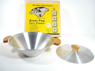 Vintage Atom Pop Pocorn Popper Aluminum Bun Warmer Dish Bowl Old Stock 2