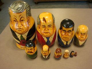 Large Vintage Russia Ussr 10 Piece Nesting Dolls Political Presidents Poccnr