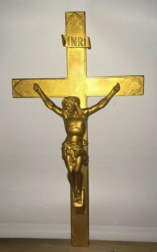 Vintage LARGE CRUCIFIX Catholic Wall Cross Christian Jesus Statue Gold Heavy 2