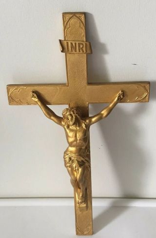 Vintage LARGE CRUCIFIX Catholic Wall Cross Christian Jesus Statue Gold Heavy 3