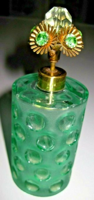 Estate Find Vintage Irice Frosted To Clear Polka Dot Green Deco Perfume Bottle