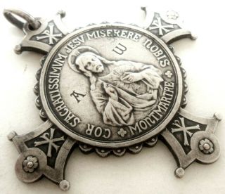 Most Exquisite Large Antique Cross Medal Pedant To The Sacred Heart Of Jesus