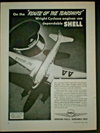 1942 American Airlines Capt Hat Cyclone Engine Wwii Vtg Shell Oil Trade Print Ad