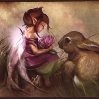 " Clover " Tiny Fairy Feeds Clover Blossom To Baby Rabbit,  Blank Greeting,  Art Card