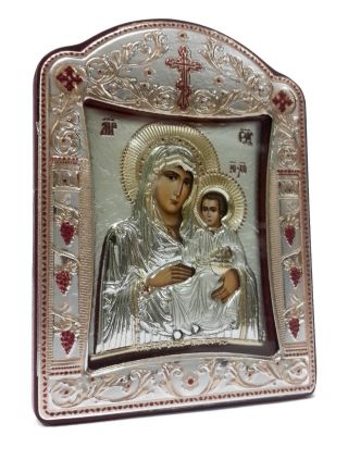 Virgin Mary & Baby Jesus Silver 925 Icon Greek Orthodox Plaque Gold Plated 4.  1 "