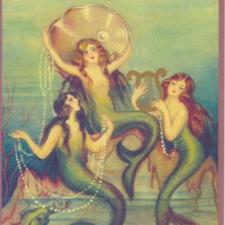 Chiostri Mermaids Playing With Sea Shell;pearls,  Large Blank Greeting Art Card