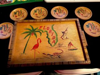 Vintage Florida Souvenir Wood Tray & Coasters Set Circa 50’s - 60’s