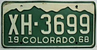 Vintage Colorado 1968 License Plate Xh - 3699 - White On Dark Green With Mountains