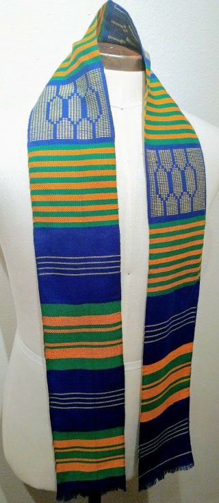 4.  5x60inch Authentic African Kente Cloth Stole Scarf Made In Ghana,  Blue White