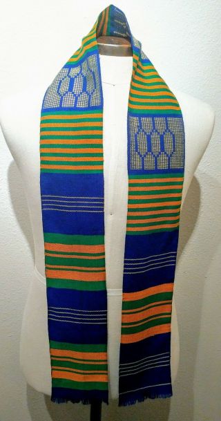 4.  5x60inch Authentic African Kente Cloth Stole Scarf made in Ghana,  Blue White 2