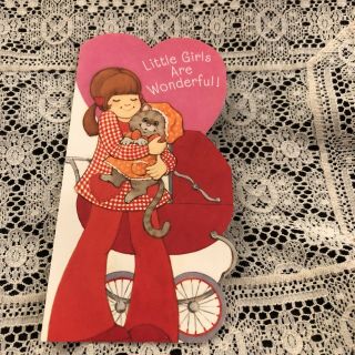 Vintage Greeting Card Valentine Cute Girl Holding Cat Stroller