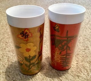 Vtg West Bend Thermo - Serve Insulated Tumblers Floral & Yarn Weave 12 Oz 1970 