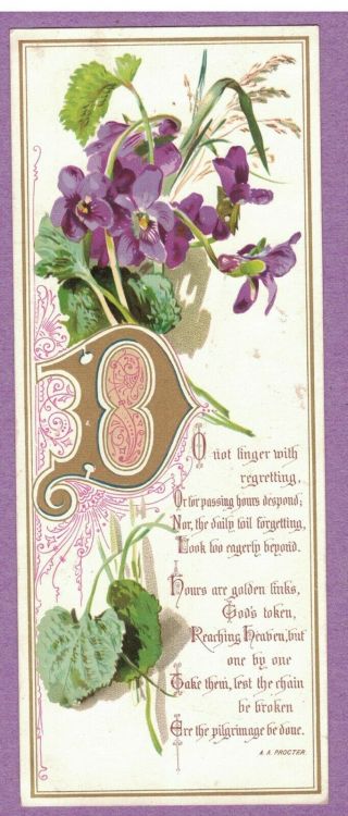 Vtg Victorian Religious Scripture Card Motto Card Flowers Gold A.  A.  Procter