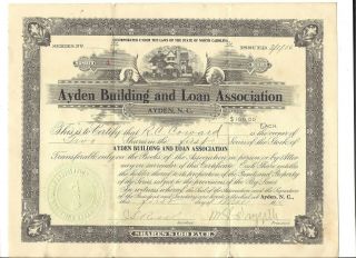 1916 (3/1) Stock Certificate Ayden Building And Loan Association Ayden,  Nc