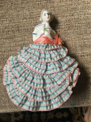 Antique Porcelain Lady Head Powder Puff Patter Half Doll Pin Cushion