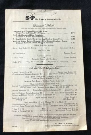 Old Dinner Menu S P Southern Pacific Dining Car Restaurant - San Francisco Calif