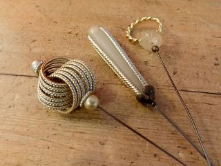 3 Pretty Victorian/art Deco Hat Pins With Various Lovely Tops