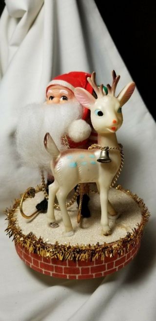 Japan Rotating Putz Santa & Plastic Reindeer Cardboard Music Box " Jingle Bells "