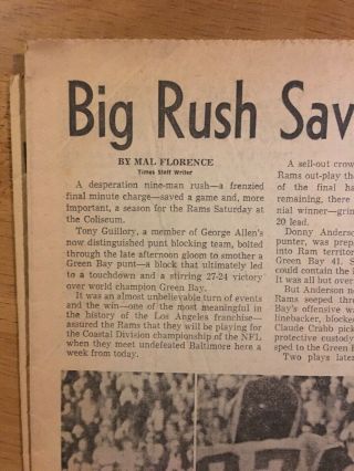 December 10,  1967 Los Angeles LA TIMES Sports Newspaper Rams vs Green Bay 4
