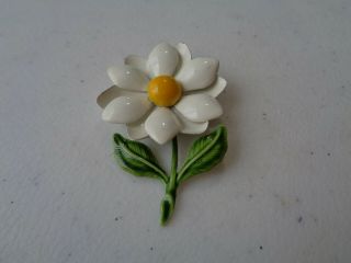 Vintage White Green Yellow Enamel Daisy Flower 1 - 3/4 " Pin Brooch B4