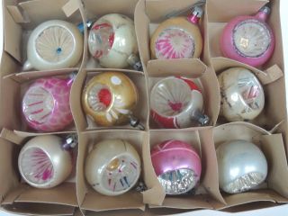 12 Vintage Poland Glass Christmas Tree Ornaments Indented Hand Painted Glitter