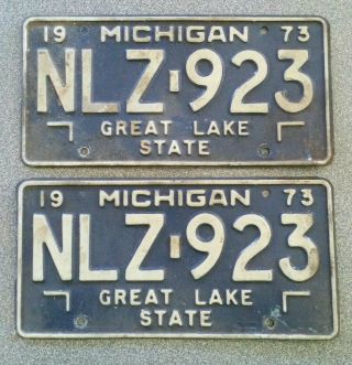 Vintage 1973 Michigan Great Lake State License Plate Nlz 923 Matching Pair Set