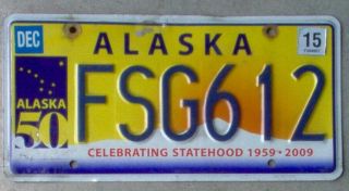 2015 Alaska " Celebrating 50 Year Statehood " License Plate.