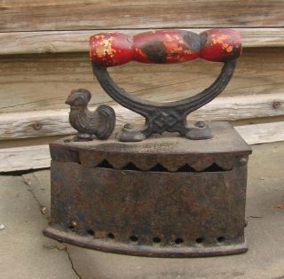 Cast Iron Coal Heated Sad Iron With Rooster Latch & Wood Handle