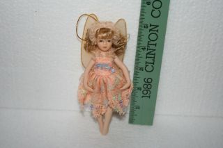 Vtg Hand Craft Porcelain Posable Wing Fairy Doll Ornament 5 - 1/4 " Tall Peach
