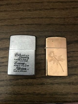 Two Vintage Zippo Lighters,  Serenity Prayer,  Rose Gold,
