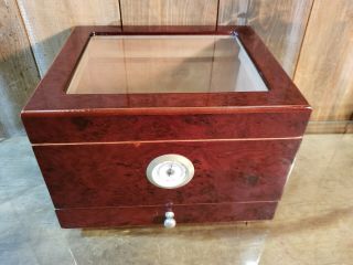 Humidor Burl Wood Glass Top Hygrometer,  50 Ct Cigar Capacity Bottom Drawer
