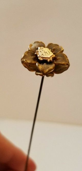 Antique 6 1/4 " Brass Floral And Inscribed Hatpin